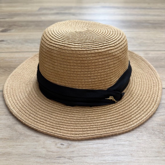 Tommy Bahama Other - Tommy Bahama Tan Paper Braid Boater Hat Black Band Gold Marlin Pin Large XL
